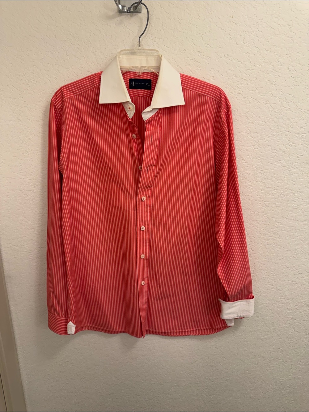 Men's Red Pinstripe Dress Shirt with White Contrast Collar